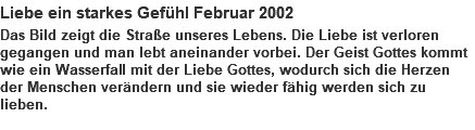 Liebe ein starkes Gefühl Februar 2002 Das Bild zeigt die Straße unseres Lebens. Die Liebe ist verloren gegangen und man lebt aneinander vorbei. Der Geist Gottes kommt wie ein Wasserfall mit der Liebe Gottes, wodurch sich die Herzen der Menschen verändern und sie wieder fähig werden sich zu lieben. 